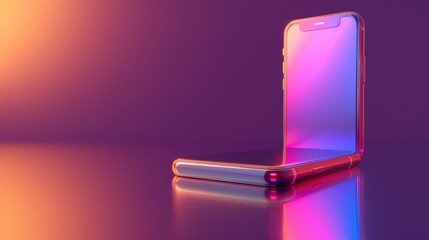 Modern foldable smartphone with vibrant neon lighting reflecting off its surface on a dark gradient background, showcasing cutting-edge technology.