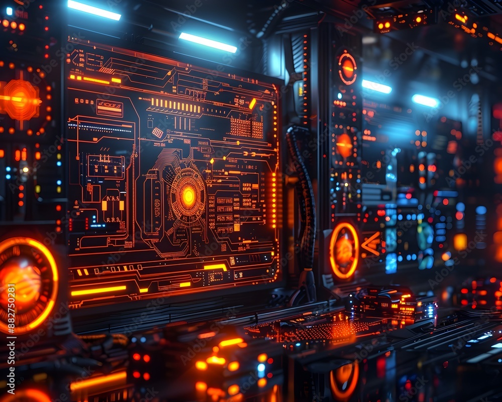 Aufkleber glowing quantum computing workstation with futuristic digital interface