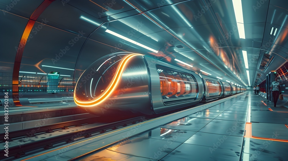 Poster sleek hyperloop pods in futuristic station for efficient transportation concept