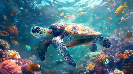 Graceful Sea Turtle Exploring Vibrant Coral Reef Ecosystem with Colorful Fish