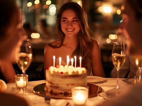 Elegant Adult Birthday Dinner with Friends Celebrating with Cake and Candles in Dimly Lit Chic Restaurant