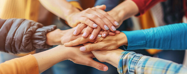 A panoramic view of a stack of hands showing unity and teamwork in an office background.
