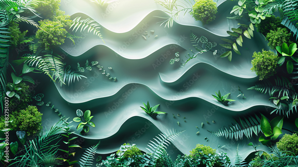 Poster a lush green composition with various plants and foliage arranged in a wave-like pattern, bathed in 
