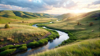 Green Grass Breath taking Stream Landscape Background Featuring Pasture, Sward, and Herbage Textures for Nature Posters, Wallpapers, Headers and Graphic Assets"