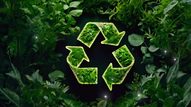 Recycling symbol made of leafy green plants. Conceptual video of recycling environmental protection, eco friendly, waste reduction, Sustainable living. Earth day