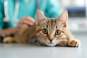 Cute tabby cat being examined by veterinarian in clinic