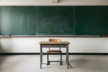A pristine classroom setting, illuminated by natural light filtering through the windows. A large green chalkboard on one wall bears faint traces of lessons gone by. 