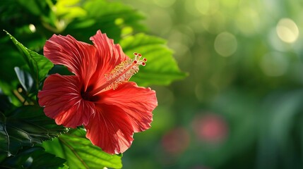 Red hibiscus flower blooming in a garden
