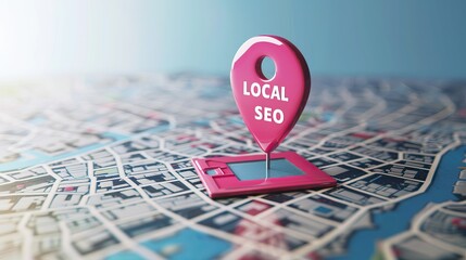 Local SEO optimization with pink location pin on map digital marketing for business growth and visibility