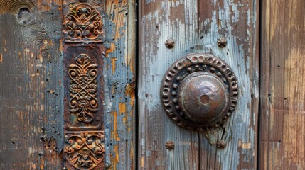 Vintage Rusty Doorknob on Weathered Wooden Door with Intricate Design Texture