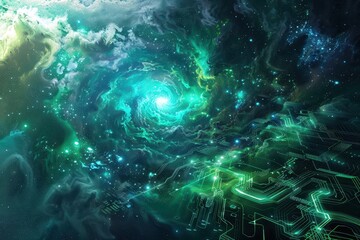 Cosmic Circuitry: Nebula Meets 3D Tech in Graphic Design