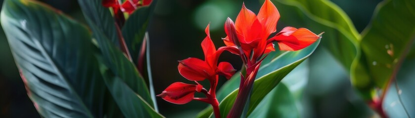Close-up of vibrant red flowers surrounded by lush green leaves, captured in an outdoor garden setting during daylight.