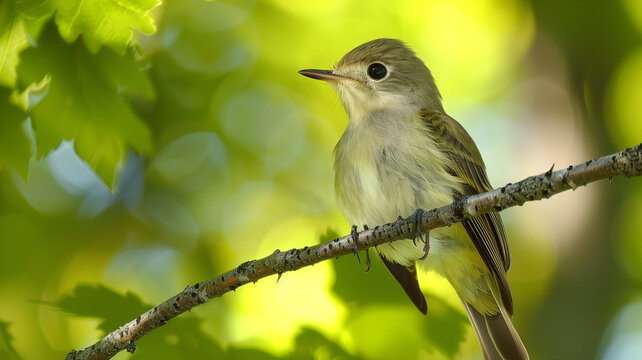 Acadian flycatcher perched on branch in sunlight