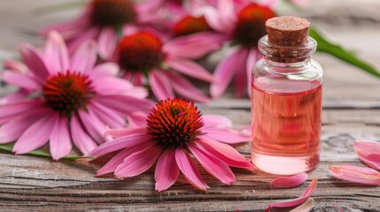 Echinacea purpurea extract on wooden background with flowers natural herbal remedy for cold and flu immune booster concept
