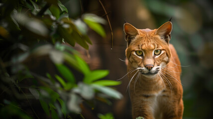 Obraz premium African golden cat stalking through lush green foliage