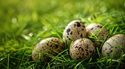 Fototapeta premium Easter concept with quail eggs on green grass background