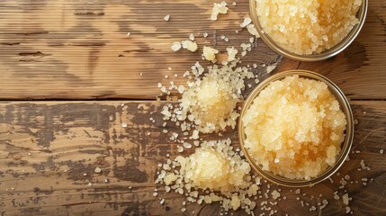 DIY sugary scrub from above on wooden backdrop