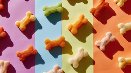 Dog bone shaped treats on colorful background for pet food advertising