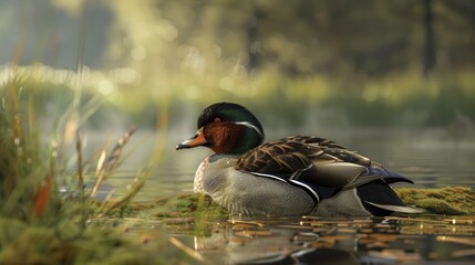 Obraz premium Digital depiction of a mature male wild duck resting by the water s edge