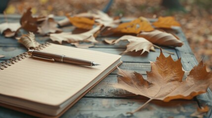 Diary and pen on wooden table with fall leaves