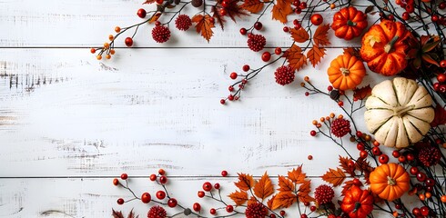 Autumn background with pumpkins, red and orange leaves on a white wooden table in a top view. Backdrop for autumn or thanksgiving day concept
