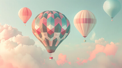 Naklejka premium Geometric hot air balloons soaring through pastel clouds