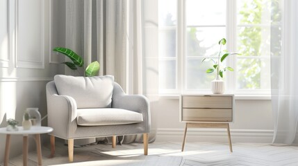 Design banner featuring a bright living room with a comfortable gray armchair drawers and table