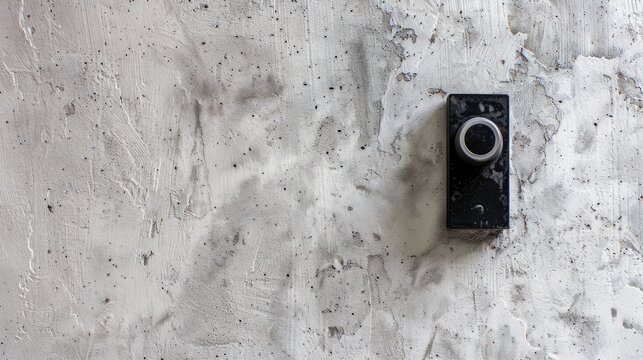 Description of a plastic doorbell with a black button on a white textured wall Plastic button on a plastered wall with room for an inscription or logo
