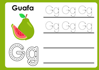 Letter g worksheet with guava. Alphabet Tracing Activity Workbook in Colorful Cute Illustrative Style