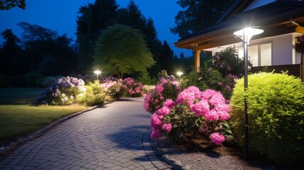 Naklejka premium Modern garden landscaping illuminated pathway with ambient lighting, flowers, and plants