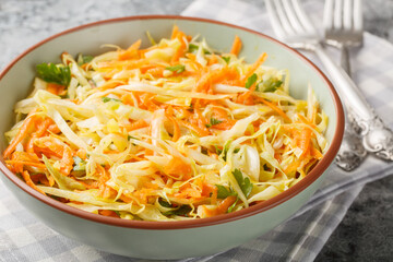 Lahanosalata Greek Cabbage Salad Vinegar Coleslaw with carrot and parsley seasoned with olive oil closeup on the bowl on the table. Horizontal