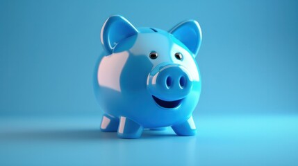 Fototapeta premium Blue piggy bank with a playful smile, on a vibrant blue background. generative ai
