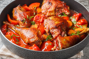 Delicious spicy rooster cooked with bell peppers, onions and carrots in tomato sauce close-up in a pan on the table. Horizontal