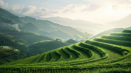 Fototapeta premium Breathtaking terraced hillside under a clear sky. a serene landscape ideal for travel and nature themes. perfect as a calming background or wall art. AI