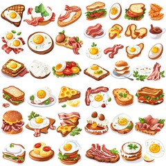 Breakfast Food and Drink Icon Set for Video Games Web Design App Software Objects, Culinary Objects, Restaurant Brunch Menu Items, Cute Bacon and Egg Meal Drawings, Farm Fresh Pork Meat Poultry 