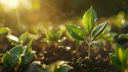 Obraz premium Close Up of a Young Plant Bathed in Morning Light. Embracing the Energy of New Beginnings. Cultivating Agriculture and Eco Living