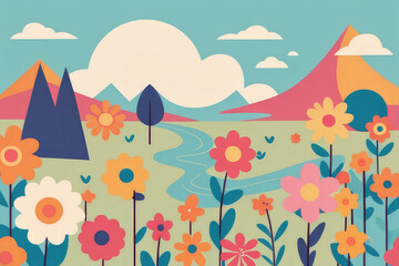 Fototapeta premium Very cute colorful flowers on a meadow, funny retro cartoon Character.
