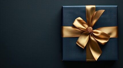 Dark blue gift box with gold satin ribbon on dark background. Top view of birthday gift with copy space for holiday or Christmas present