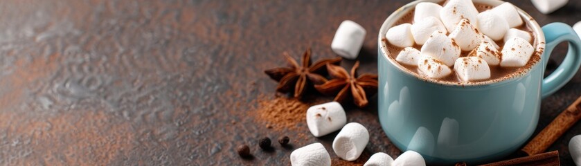 Enjoy a cozy cup of hot chocolate with marshmallows, surrounded by cinnamon sticks and star anise on a rustic background.