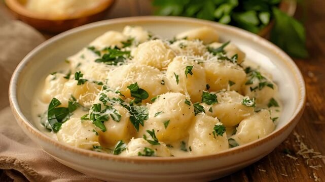 A comforting bowl of buckwheat gnocchi served with a rich and creamy alfredo sauce and fresh parsley.