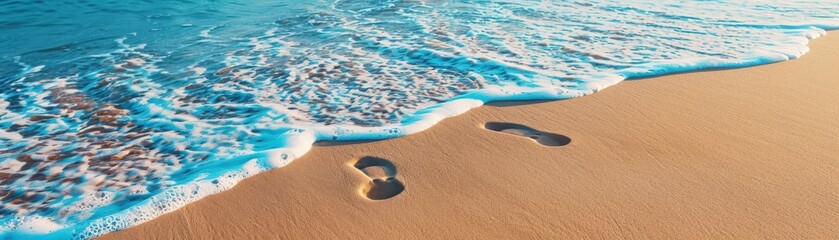 Obraz premium Footprints on a sandy beach near the ocean waves, creating a serene and peaceful coastal scene perfect for travel and relaxation concepts.