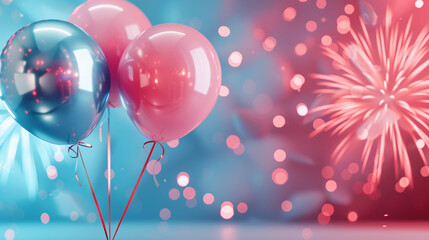 Happy New Year 2025 banner with fireworks and balloons on a minimal 3D solid background, bright and celebratory