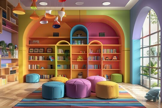 mockup colourfull school library room interior. 3D rendering
