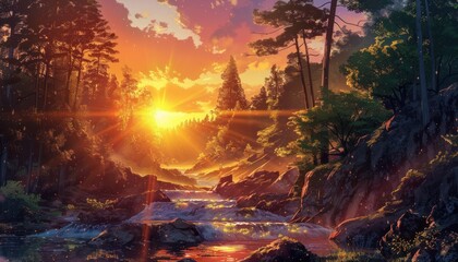 Anime style golden sunset rays filter through trees, illuminating rocky terrain and flowing water 3. Generative AI