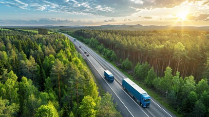 Aerial view of car and hydrogen energy truck on forest highway  sustainable transport concept