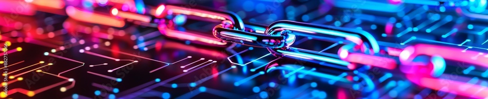 Poster abstract neon chain link technology background - cybersecurity and data protection concept.
