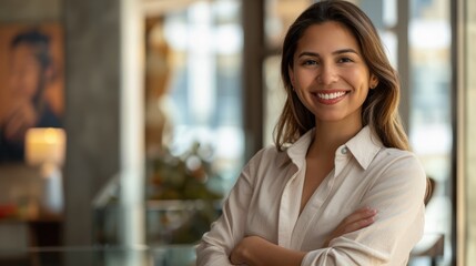 Fototapeta premium Hispanic smiling toothy Latino Indian successful confident Arabian businesswoman worker lady boss female leader girl business woman posing crossed hands looking at camera in office corporate portrait