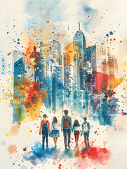 A Group of People with Watercolor Brushes and Business Documents   Creative and Professional 3D Flat Icon Concept with Whimsical Background
