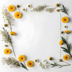 Flowers composition. Frame made of wildflowers on white background. Flat lay, top view, copy space