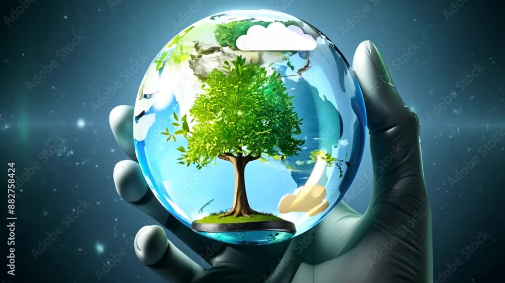 Poster robotic hand holding globe with tree generative ai